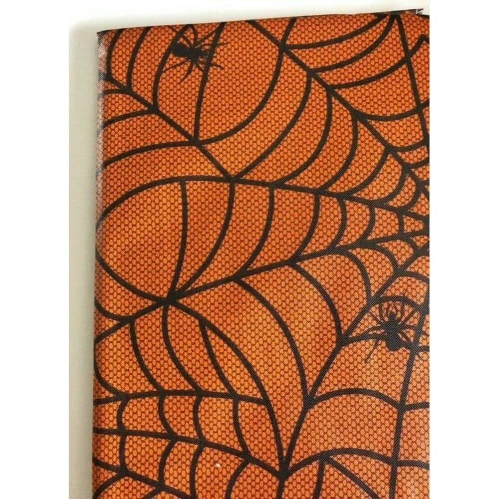 Haunted Halloween Tablecloth Vinyl Flannel Backed Spider Webs Orange 52X52
